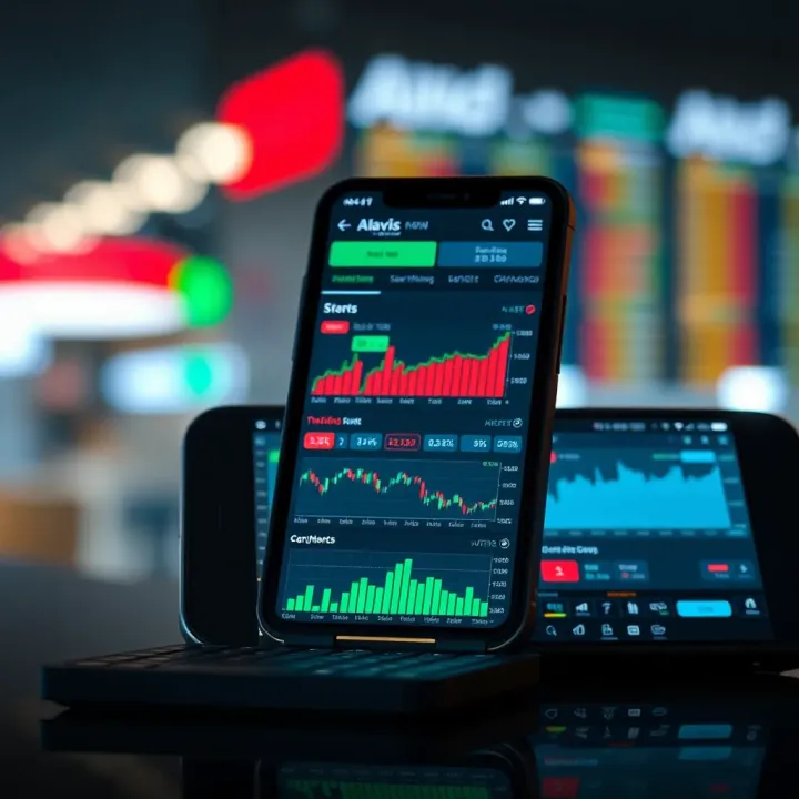Mobile device displaying various trading app features including charts and market data