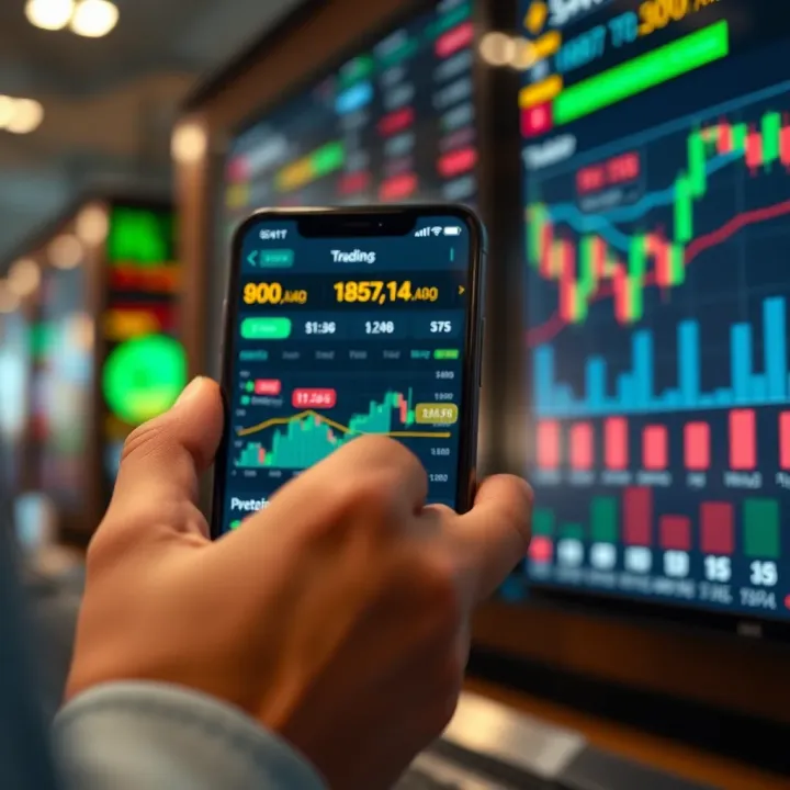 User interacting with a mobile trading platform displaying charts and analytics