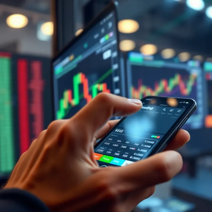 User interacting with a mobile trading platform displaying stock charts and market data