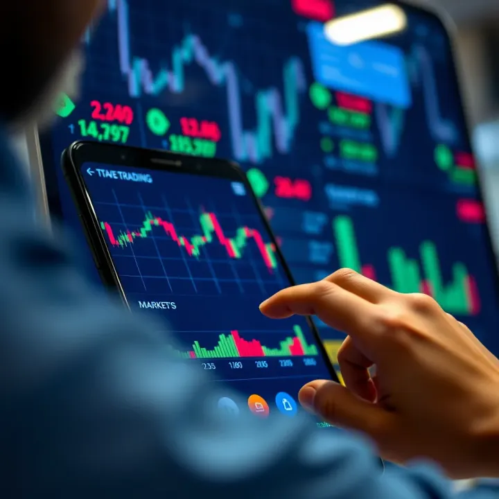 User interacting with a mobile trading platform displaying stock charts and market data