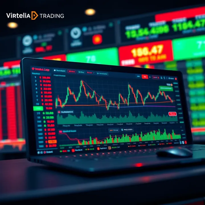 Dashboard displaying virtual trading app with stock charts and portfolio overview