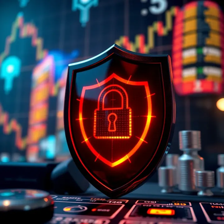 Illustration showing security shield with a lock symbol and digital financial icons representing secure trading