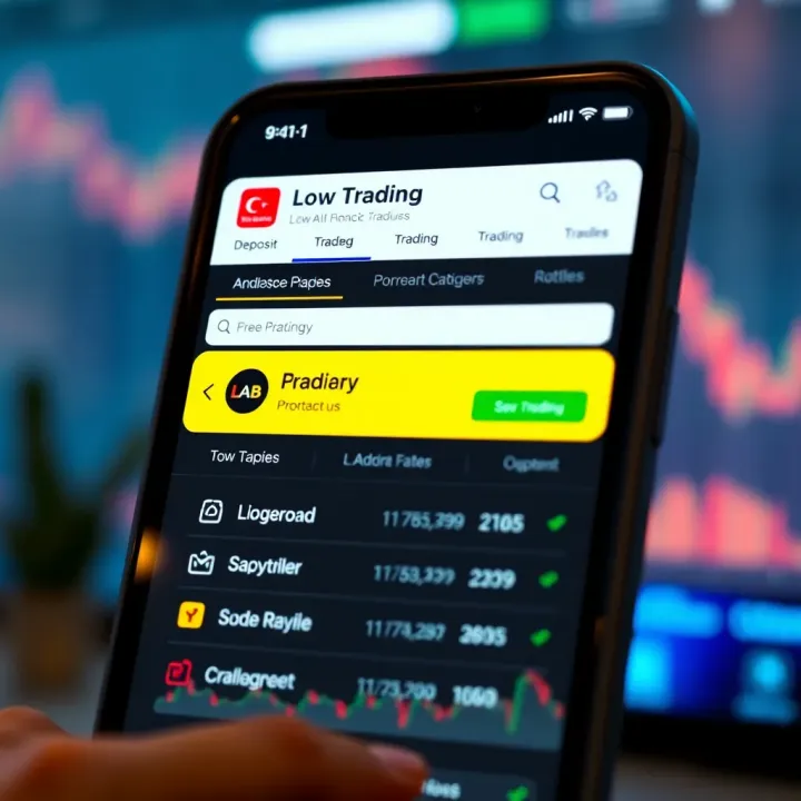 Trading App Interface Highlighting Low Deposit Features User interface of a trading application showing low deposit options and trading categories
