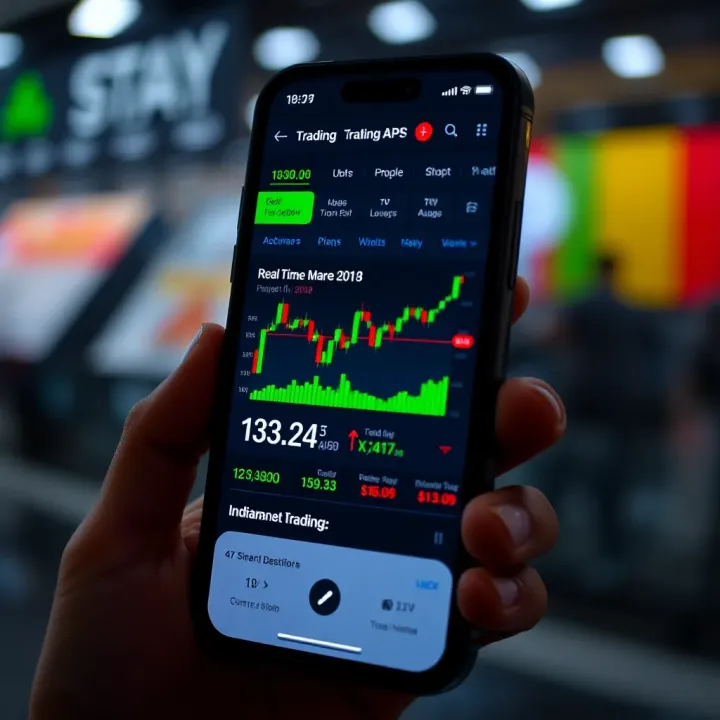 Mobile phone displaying a trading app interface with charts and stock information