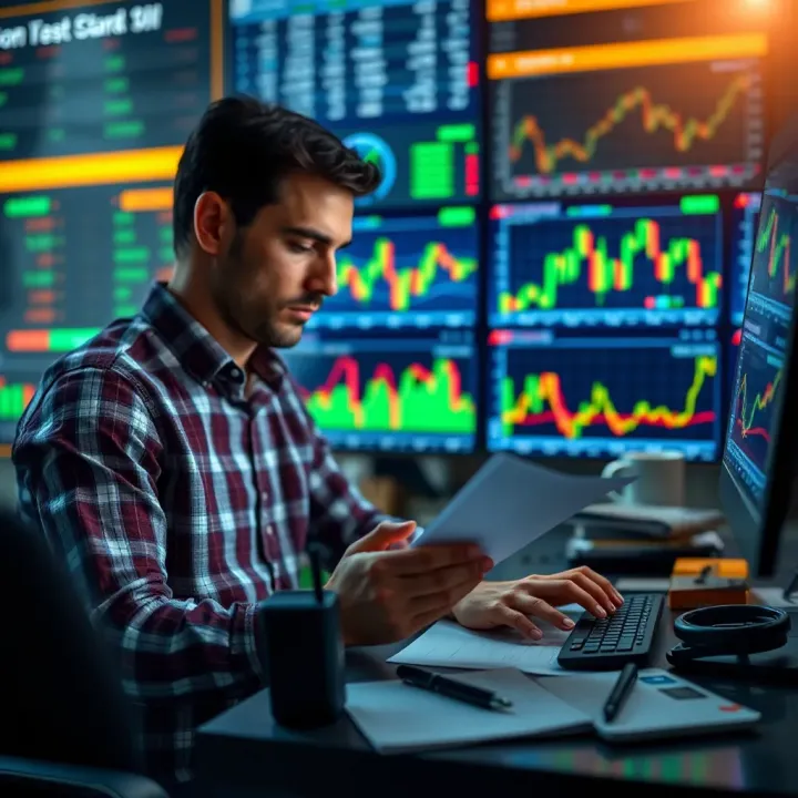 Illustration of a person analyzing financial charts and notes for online trading education