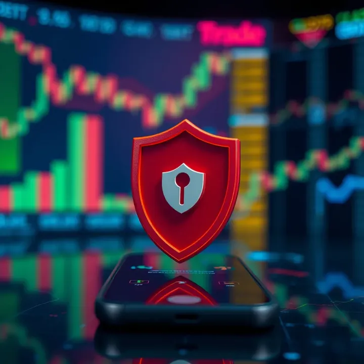 Secure Mobile Trading Platform with Emphasis on Data Protection Security shield icon over smartphone representing secure mobile trading apps in India