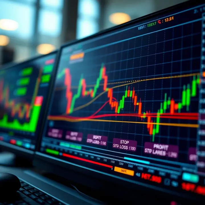 Risk management strategy illustration featuring stop-loss levels and profit targets on trading platform