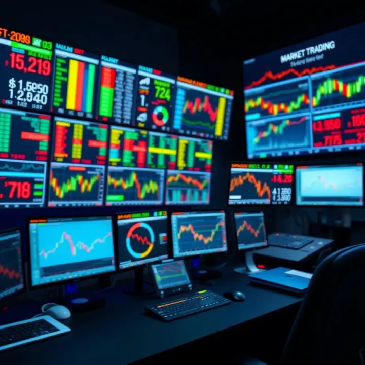 Trading desk setup featuring multiple screens showing stock market data and analytics