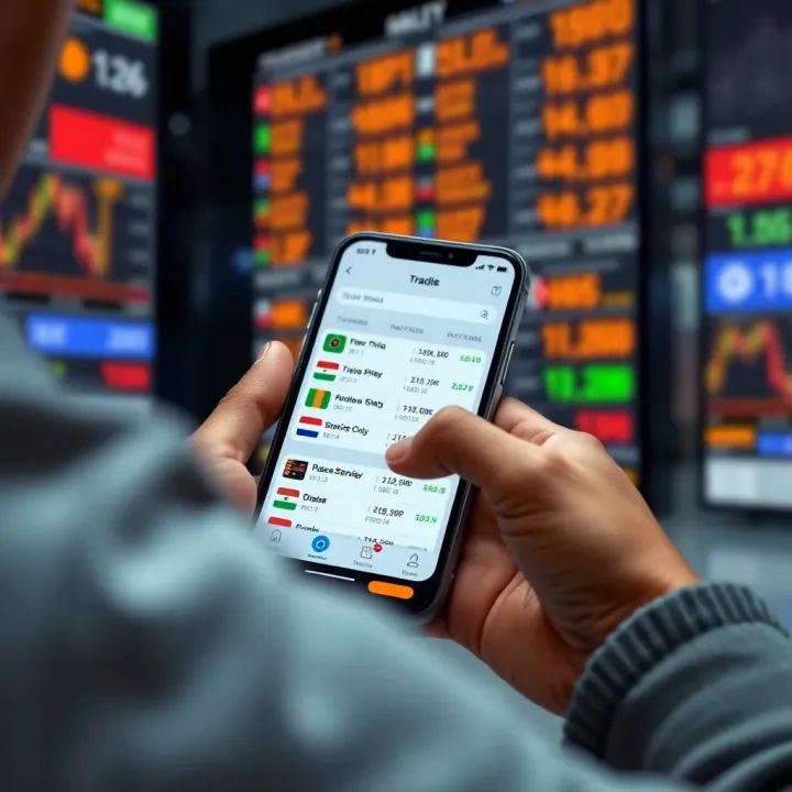 User interacting with a mobile trading app displaying stock options and portfolio overview