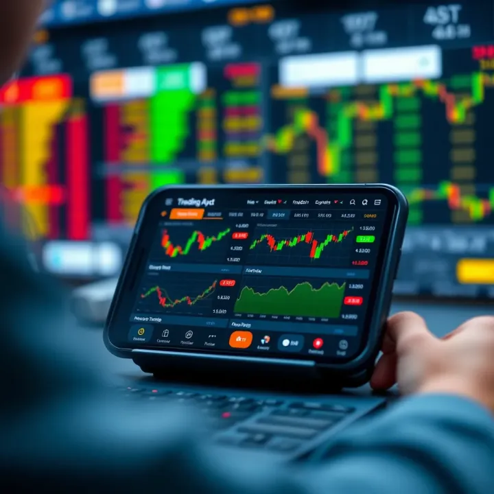 Dashboard view of a popular trading app on a mobile device displaying stock charts and market data
