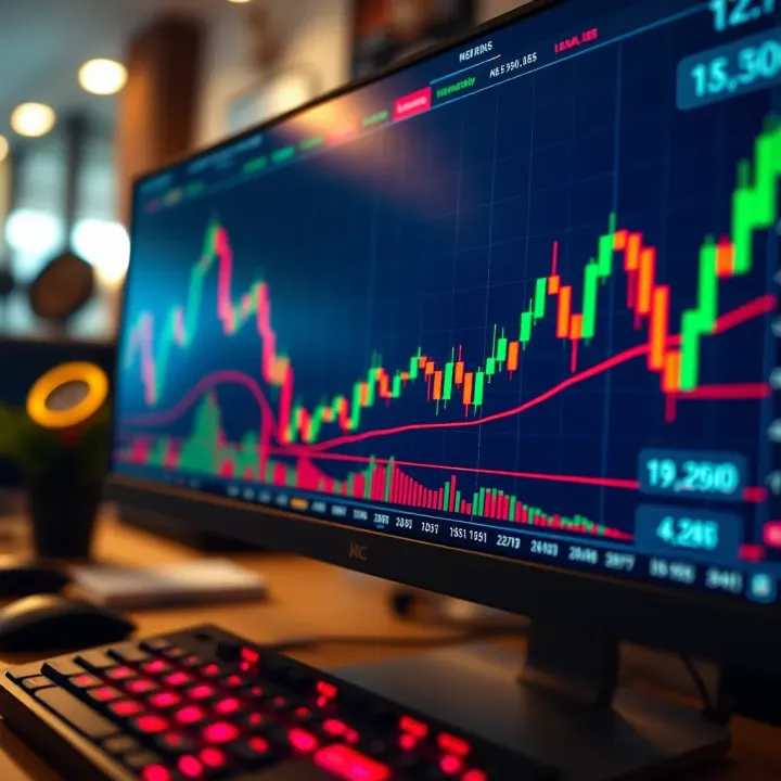 Close-up of forex trading charts with rising candlesticks on computer screen