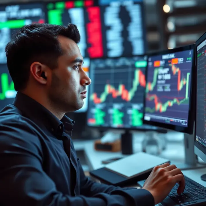 Focused Trading Mindset Driving Success in Forex Markets Conceptual illustration of a calm trader analyzing financial data in a high-tech trading environment