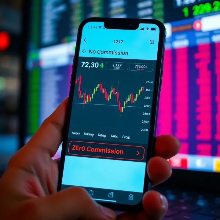 Interface of a No Brokerage Trading App Highlighting Zero Commission Features Mobile phone displaying interface of a no brokerage trading app in India with stock charts and zero commission highlighted