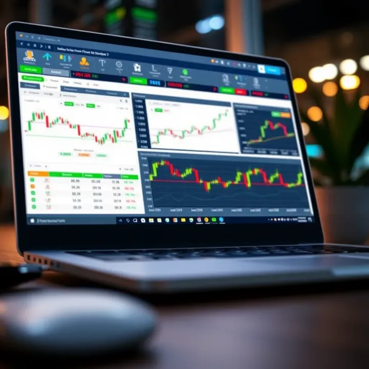 Laptop screen displaying interactive forex trading course modules with charts and market analysis
