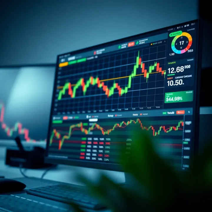 Trading Platform Interface with Charts and Market Tools Computer screen displaying trading platform with charts, tools, and market data