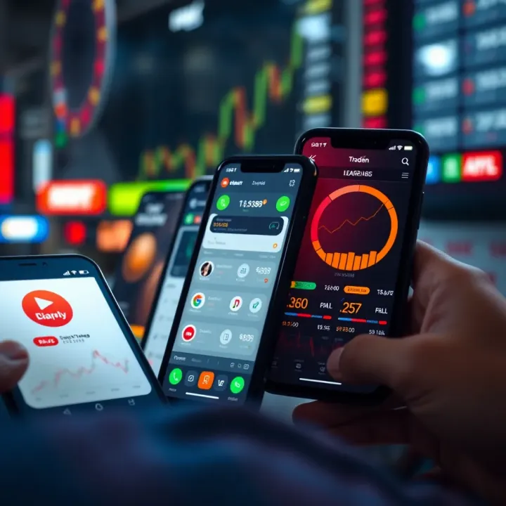 Overview of Leading Trading Apps with User-Friendly Features Illustration of mobile devices showcasing various trading app icons and user-friendly dashboards