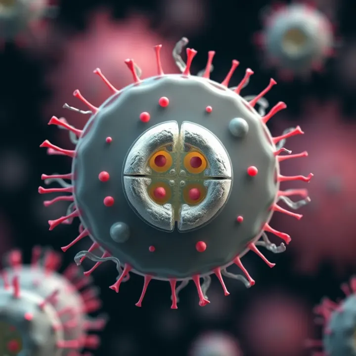 Diagram illustrating the division of a bacterial cell through binary fission, highlighting the replication of genetic material and cell membrane constriction