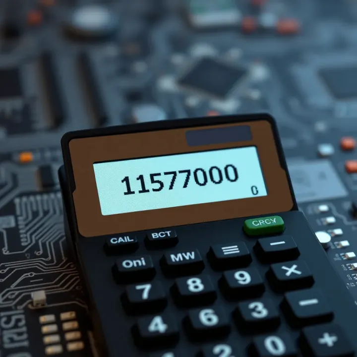 Calculator screen displaying binary input and multiplication result with digital circuitry background