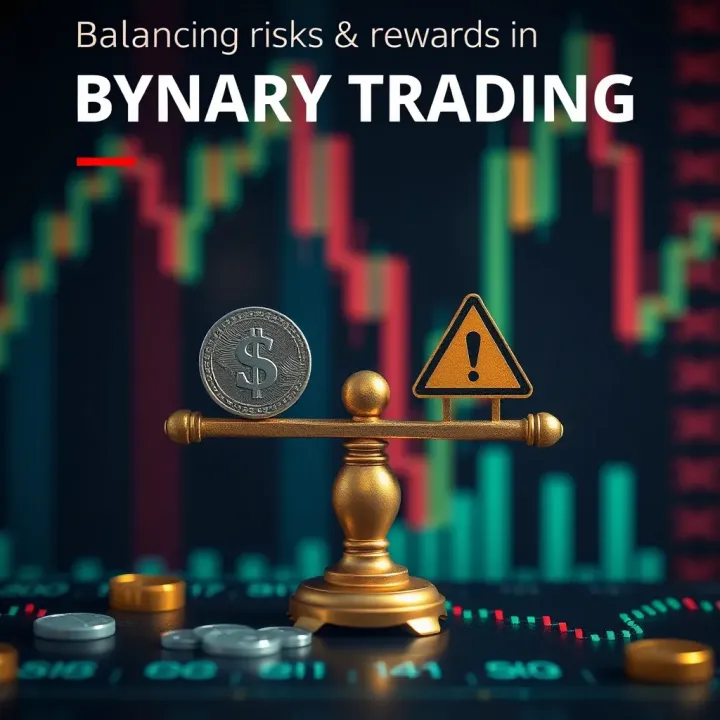 Conceptual graphic depicting risk and reward balance in binary trading with symbols of profit and caution