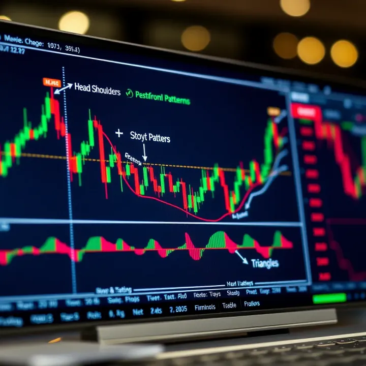 Illustration showing various chart patterns like head and shoulders and triangles on a stock trading chart