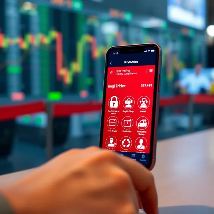 Illustration of a mobile phone displaying a secure binary trading application with regulatory icons