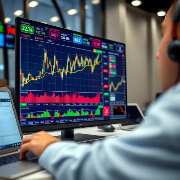 A digital trading screen showing simulated stock market data and charts for practice trading