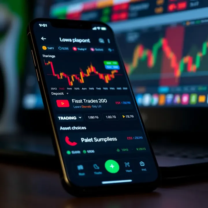 Mobile phone screen displaying various financial charts and trading options on a low deposit trading app interface