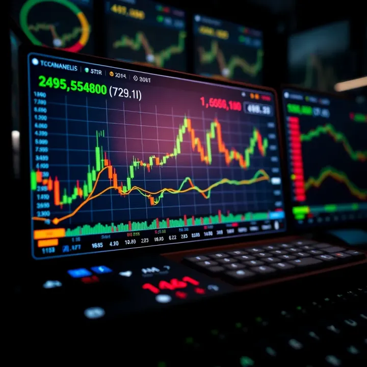 Illustration of a digital stock market dashboard showing simulated trading data