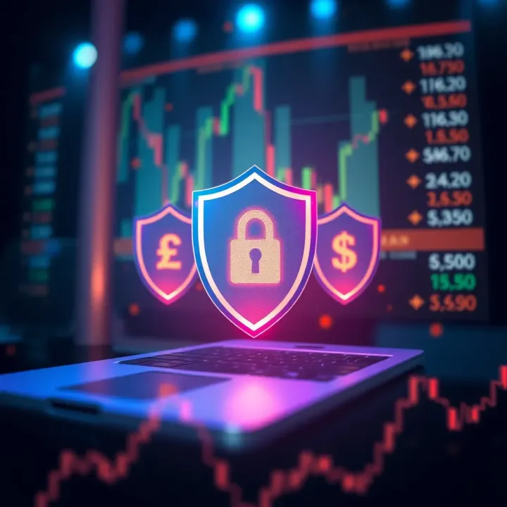 Conceptual illustration of secure online trading with digital shields and currency symbols