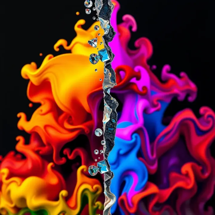 Abstract illustration representing breaking free from two contrasting options with vibrant colors blending together