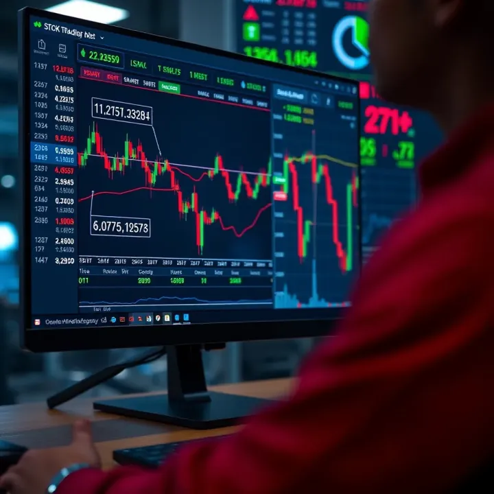 Digital interface showing stock market charts and graphs on a computer screen for simulated trading