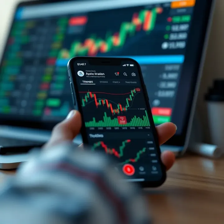 Mobile phone displaying a trading app interface with graphs and market data