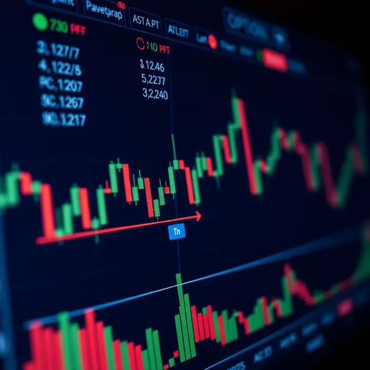 Close-up of a digital trading platform screen displaying various option chart patterns and trend lines
