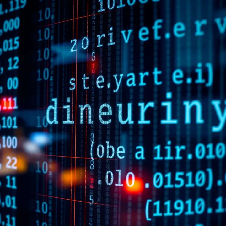 Visual representation of binary code transitioning into English text characters on digital interface